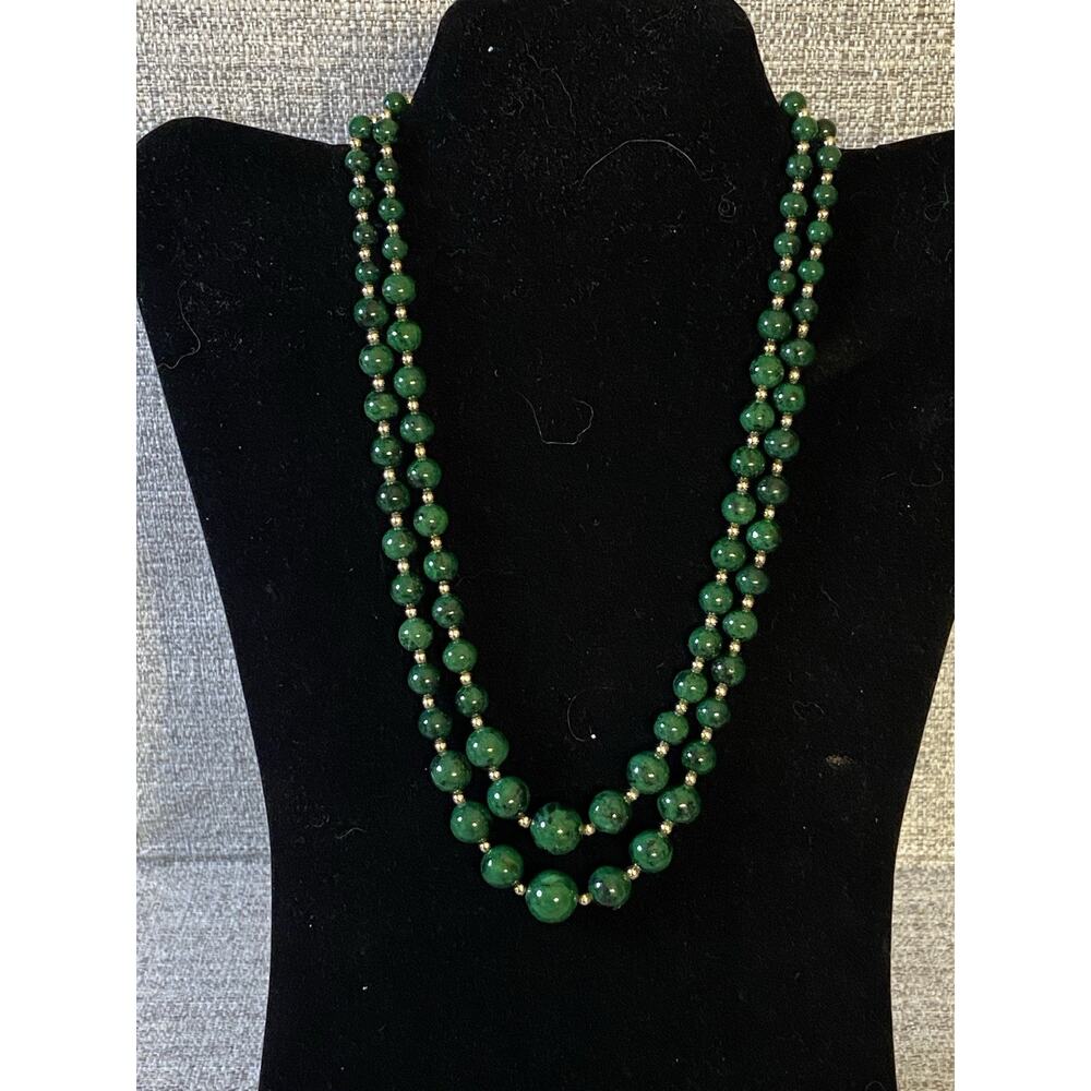 Vintage Malachite Bead Double Strand Necklace w/ Gold Tone Filigree Clasp